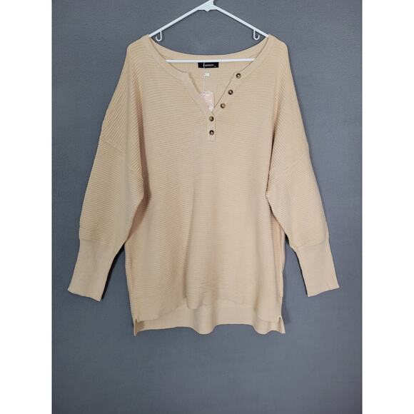 Womens Waffle Knit Sweatshirt Casual Loose Long Sleeve Henley Button V Neck XL - Picture 2 of 10